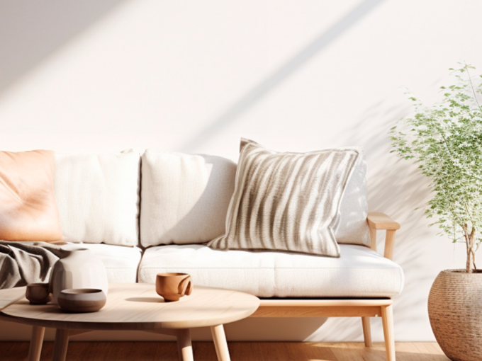 Imagem ilustrativa do minimalismo aconchegante: um sofá clean com uma planta lateral e incidência de luz solar.